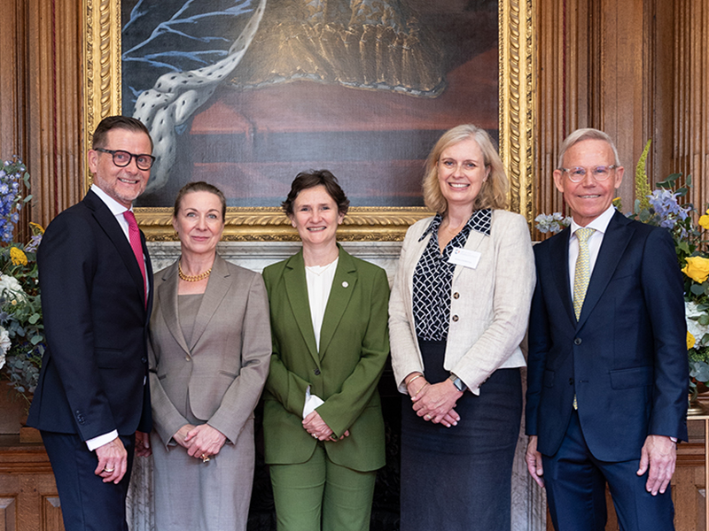 L-R: Reto Larsson, Larsson Family; Dr Katharina Lichtner, Managing Director, Family Larsson-Rosenquist Foundation; Professor Irene Tracey, Vice-Chancellor, University of Oxford; Professor Krina Zondervan, Head of the Nuffield Department of Women's & Reproductive Health, University of Oxford; and Michael Larsson, Founding and Honorary President, Family Larsson-Rosenquist Foundation celebrating the endowment at an event in July © Oxford University / Cyrus Mower